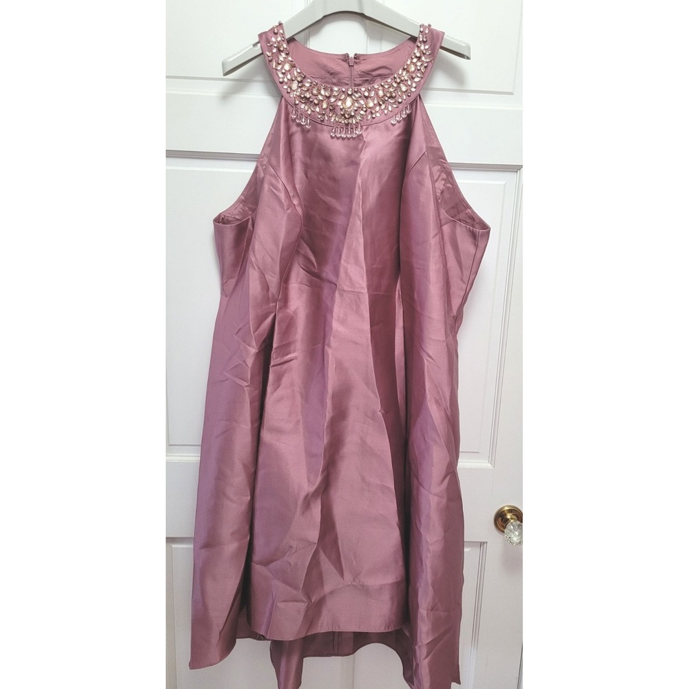 Adrianna Papell Jewel Rhinestones Neck Fit & Flare Mikado Dress - Mauve - 24W